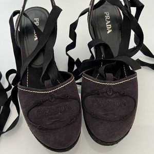 EUC PRADA Canvas Wedge Espadrille Sandals Nautical Sz EU 38.5